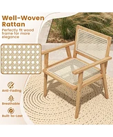 Costway 2 Pcs Outdoor Wood Chair Teak Armchair with Rattan Seat & Back Patio for Porch