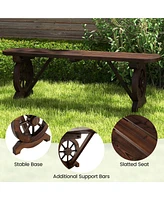 Costway Patio Rustic Wood Bench with Wagon Wheel Base Slatted Seat Design