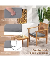 3 Pcs Patio Wood Furniture Set Acacia Wood Chairs & Coffee Table with soft Cushions