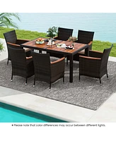 Costway 7 Pieces Outdoor Wicker Dining Set with Acacia Wood Table and 6 Stackable Chairs