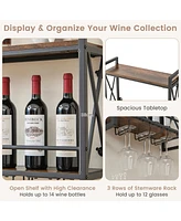 Costway Wall Mounted Wine Rack Industrial 2-Tier Wood Shelf with 3 Stem Glass Holders