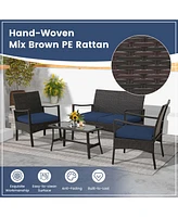 4PCS Patio Rattan Wicker Furniture Set Cushioned Sofa Armrest Coffee Table