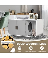 Costway Cat Litter Box Enclosure Furniture Hidden Cat Washroom with Rubber Wood Legs