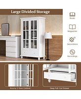 Bookcase Cabinet Storage Bookshelf Organizer Tempered Glass Doors Shelf Drawer