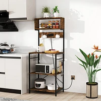 Kitchen Bakers Rack 60'' Microwave Stand with Power Outlet Open Shelves & Hooks