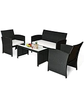 Costway 4PCS Patio Rattan Furniture Conversation Set Cushioned Sofa Coffee Table Garden