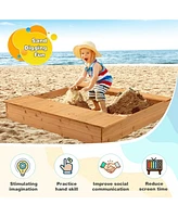Costway Kids Wooden Sandbox w/ Bench Seats & Storage Boxes Children Outdoor Playset