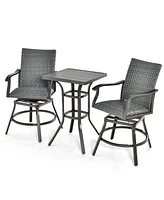 Costway 3PCS Patio Rattan Bar Table Stools Set Aluminum 360° Swivel Chairs with Padded Seat