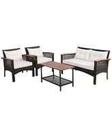 Costway 4PCS Patio Rattan Acacia Wood Furniture Set Cushion Sofa Armrest Deck