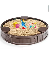 Costway 4F Wooden Sandbox w/Built-in Corner Seat, Cover, Bottom Liner for Outdoor Play