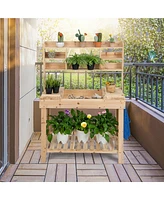 Costway Potting Bench Table Wooden Garden Work Bench Platform with Display Rack Hidden Sink