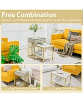 Set of 2 Nesting Coffee Table Drawer Shelf Modern Sofa Side Table Steel Frame