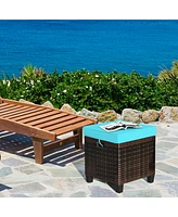 Gymax Set of 2 Patio Rattan Ottoman Footrest Garden Outdoor w/ Turquoise Cushion