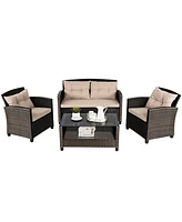 Gymax 4pcs Patio Rattan Conversation Set Cushioned Outdoor Furniture Set