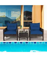 Gymax 3PCS Rattan Patio Conversation Furniture Set Yard Outdoor w/ Navy Cushions