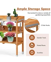 Costway Garden Wooden Potting Bench Work Station Table Tool Storage Shelf W/Hook