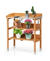 Costway Garden Wooden Potting Bench Work Station Table Tool Storage Shelf W/Hook