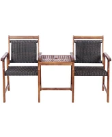 Costway 2-Seat Patio Rattan Bench Acacia Wood Frame Table W/Umbrella Hole Deck