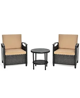 Costway 3PCS Patio Rattan Furniture Set Cushioned Sofa Storage Table W/ Shelf Garden