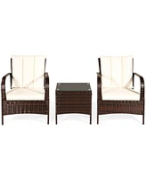 Gymax 3PCS Patio Outdoor Rattan Conversation Set Furniture Set w/ Table Cushions