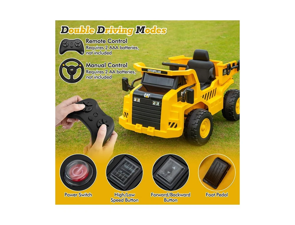Slickblue 12V Caterpillar Licensed Kids Ride on Dump Truck with Tiltable Bump Bed-Yellow