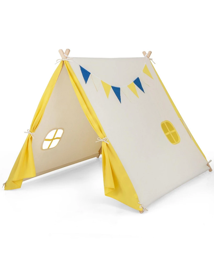 Slickblue Kids Play Tent with Solid Wood Frame Holiday Birthday Gift & Toy for Boys & Girls-Yellow - Beige