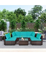 Gymax 6PCS Rattan Outdoor Sectional Sofa Set Patio Furniture Set w/ Turquoise Cushions