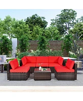 Gymax 6PCS Rattan Outdoor Sectional Sofa Set Patio Furniture Set w/ Red Cushions