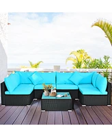 Gymax 7PCS Rattan Patio Conversation Set Sectional Furniture Set w/ Blue Cushion