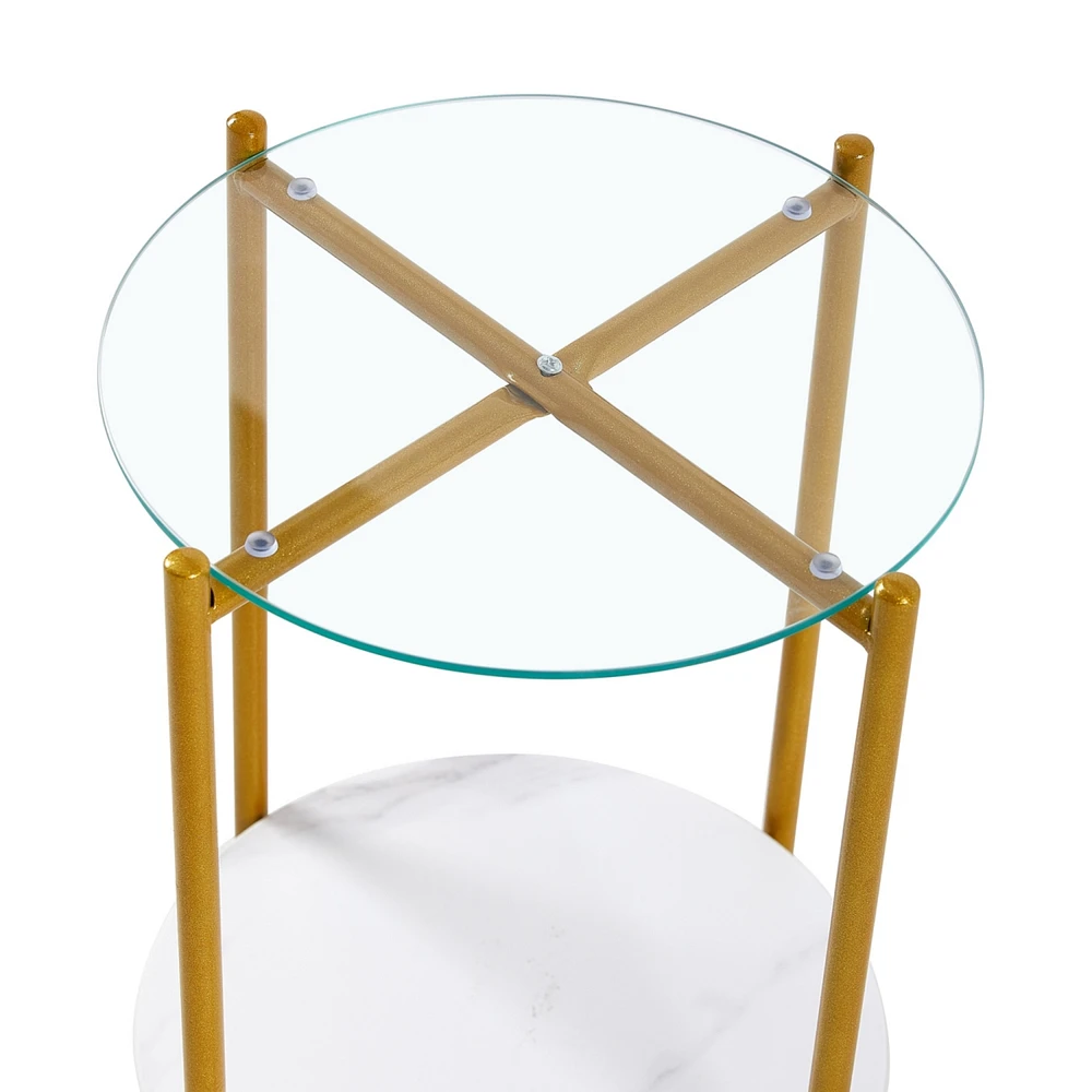 Simplie Fun 2-Layer End Table With Tempered Glass And Marble Tabletop, Round Coffee Table With Golden