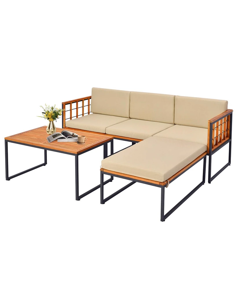 Costway 5 Pcs Patio Furniture Set Acacia Wood Sectional Set with Seat & Back Cushions