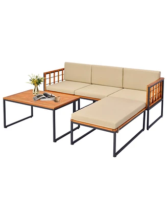 Costway 5 Pcs Patio Furniture Set Acacia Wood Sectional Set with Seat & Back Cushions