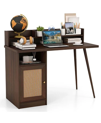 Costway 48'' Computer Desk with Hutch Mid Century Workstation Pe Rattan Cabinet