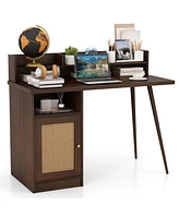 Costway 48'' Computer Desk with Hutch Mid Century Workstation Pe Rattan Cabinet