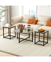 Costway 3 Pcs Coffee Table Set Round Coffee Table and 2 Pcs Square End Tables Metal Frame