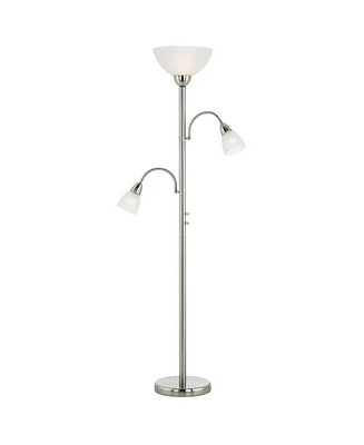 Possini Euro Design Alexei Modern Torchiere Floor Lamp Tree 3-Light Gooseneck Arm 72" Tall Brushed Nickel White Crackle Glass Pole Dimmer Living Room