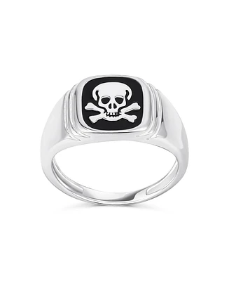 Bling Jewelry Elegant Statement Classic Flat Black Natural Onyx s Signet Skull Crossbones Ring For Women Sterling Silver