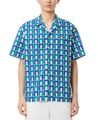 Lacoste Men's Relaxed Fit Short Sleeve Button-Front Printed Camp Shirt