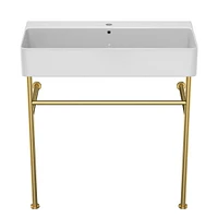 32" Bathroom Console Sink With Overflow, Ceramic Console Sink White Basin Gold Legs