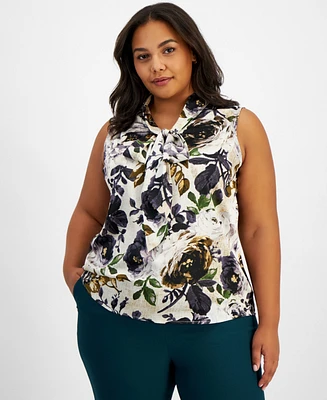 Tahari Asl Plus Size Floral-Print Tie-Neck Blouse