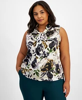 Tahari Asl Plus Size Floral-Print Tie-Neck Blouse