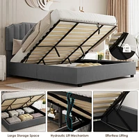 Lift Up Queen Size Bed Velvet Grey