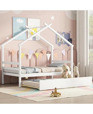 Simplie Fun Twin Size House-Shaped Bed With Trundle, White