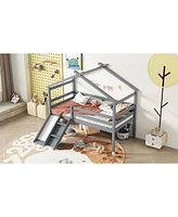 Streamdale Furniture Twin Low Loft House Bed With Slide, Ladder, Safety Guardrails, House Roof Frame, Grey