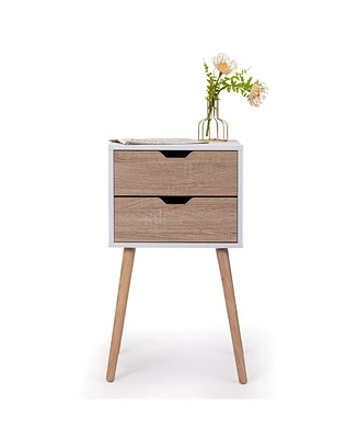 Simplie Fun 2-Drawer Nightstand with Solid Wood Legs, White/Walnut