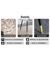 Stone Table & Pu Leather Chair Set - Black Metal Legs - 1 Table & 4 Chairs