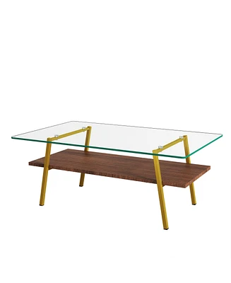 Simplie Fun Transparent Glass Coffee Table, Gold Metal Legs