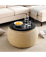 Streamdale Furniture Round Storage Ottoman, 2 In 1 Function, Work As End Table And Ottoman, Natural (25.5"X25.5"X14.5")