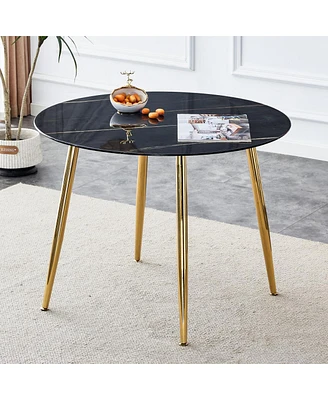 Simplie Fun Modern Minimalist 40" Circular Dining Table, Faux Black Marble, Gold Legs