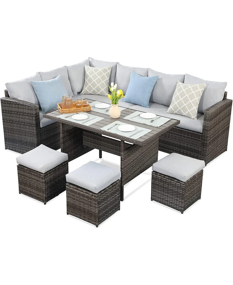 Simplie Fun 7-Pieces Pe Rattan Wicker Patio Dining Sectional Cusions Sofa Set With Cushions